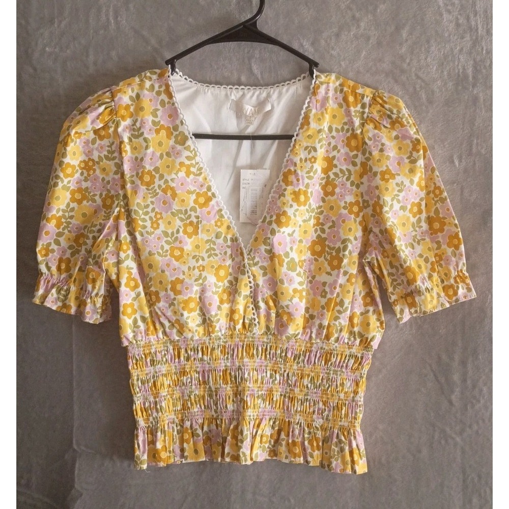 WAYF Retro Floral Print V-Neck Smocked Waist Top Size S Bright Boho Cottage core